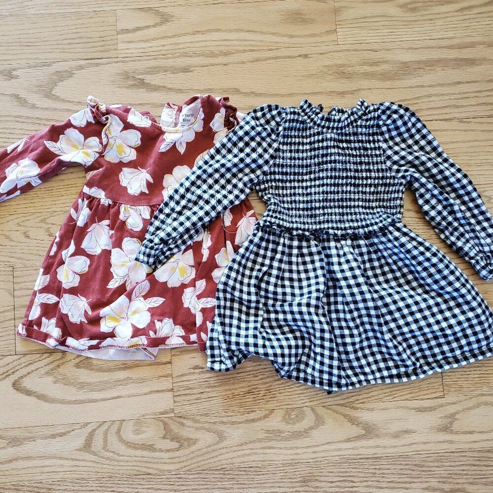 Lot of 2 Carter's, Wonder Nation Long Sleeve Floral Gingham Check Dresses 18M